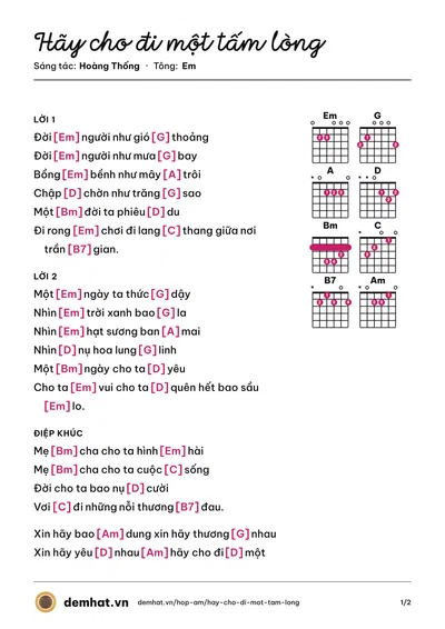 Hợp âm Hãy cho đi một tấm lòng (Hoàng Thống) – bản nhạc PDF trang 1, tông Em