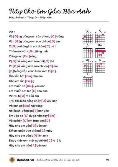 Hợp âm Hãy Cho Em Gần Bên Anh (Phượng Linh) – bản nhạc PDF trang 1, tông G