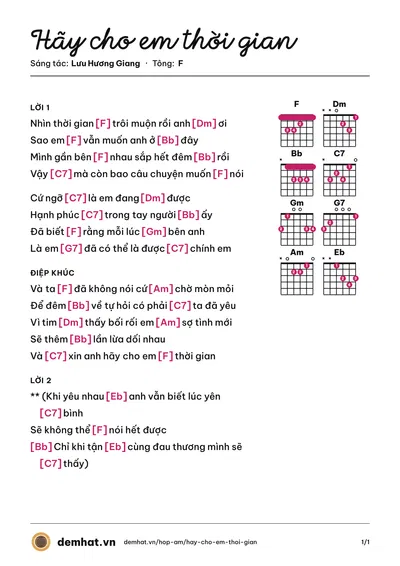 Hợp âm Hãy cho em thời gian (Lưu Hương Giang) – bản nhạc PDF trang 1, tông F
