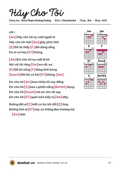 Hợp âm Hãy Cho Tôi (Nguyễn Hưng) – bản nhạc PDF trang 1, tông Am