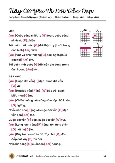 Hợp âm Hãy Cứ Yêu Vì Đời Vẫn Đẹp (Lưu Quốc Tuấn) – bản nhạc PDF trang 1, tông Am