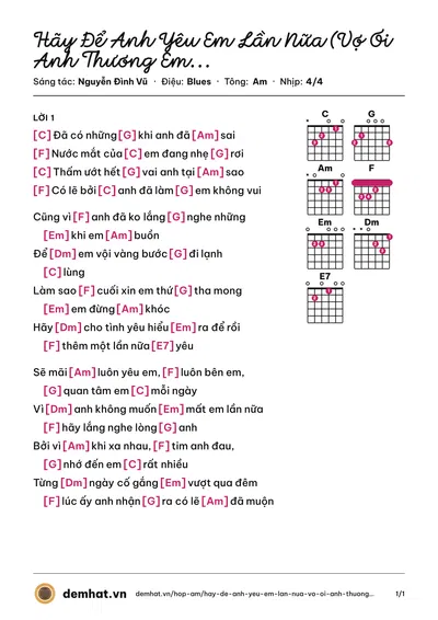 Hợp âm Hãy Để Anh Yêu Em Lần Nữa (Vợ Ơi Anh Thương Em - Có Lẽ Anh Đã Sai) (The Men) – bản nhạc PDF trang 1, tông Am