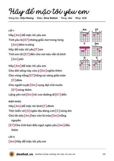 Hợp âm Hãy để mặc tôi yêu em (Diệu Hương) – bản nhạc PDF trang 1, tông Am