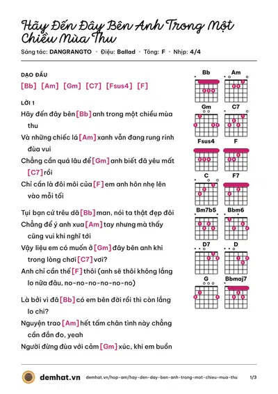 Hợp âm Hãy Đến Đây Bên Anh Trong Một Chiều Mùa Thu (DANGRANGTO) – bản nhạc PDF trang 1, tông F