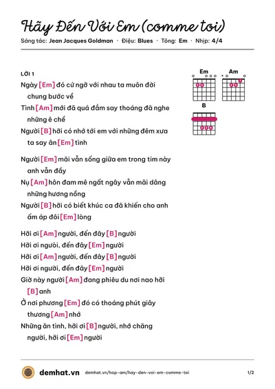 Hợp âm Hãy Đến Với Em (comme toi) (Ngọc Lan) – bản nhạc PDF trang 1, tông Em