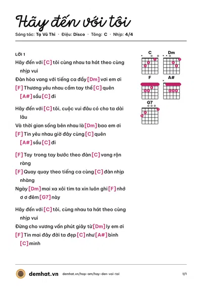 Hợp âm Hãy đến với tôi (Hùng Cường) – bản nhạc PDF trang 1, tông C