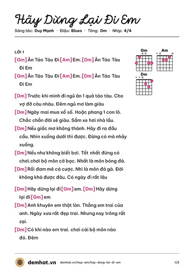 Hợp âm Hãy Dừng Lại Đi Em (Duy Mạnh) – bản nhạc PDF trang 1, tông Dm