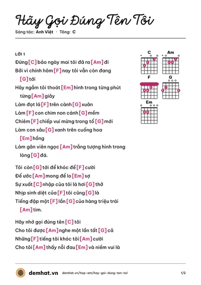 Hợp âm Hãy Gọi Đúng Tên Tôi (Lô Thủy) – bản nhạc PDF trang 1, tông C