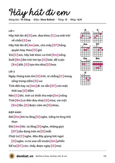 Hợp âm Hãy hát đi em (Tô Dũng) – bản nhạc PDF trang 1, tông G