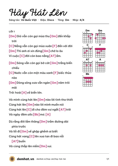 Hợp âm Hãy Hát Lên (Đàm Vĩnh Hưng) – bản nhạc PDF trang 1, tông Dm
