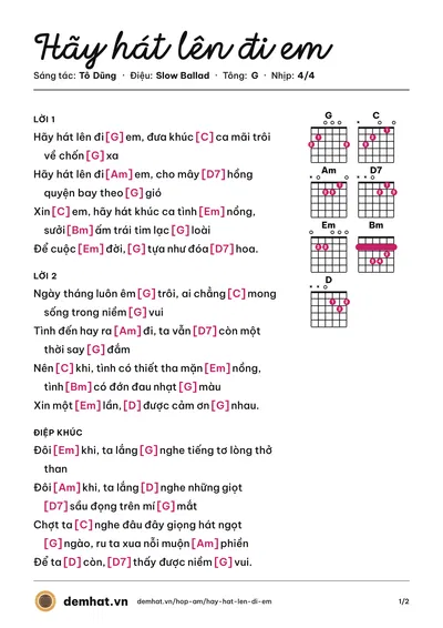 Hợp âm Hãy hát lên đi em (Tô Dũng) – bản nhạc PDF trang 1, tông G
