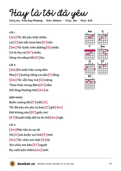 Hợp âm Hay là tôi đã yêu (Trần Quang Lộc) – bản nhạc PDF trang 1, tông Am