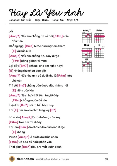 Hợp âm Hay Là Yêu Anh (Tân Trần) – bản nhạc PDF trang 1, tông Am