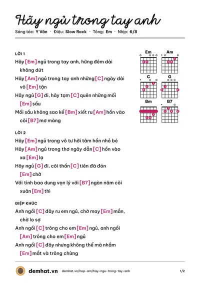Hợp âm Hãy ngủ trong tay anh (Lệ Thu (trước 75)) – bản nhạc PDF trang 1, tông Em