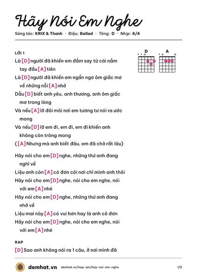 Hợp âm Hãy Nói Em Nghe (Thanh) – bản nhạc PDF trang 1, tông D