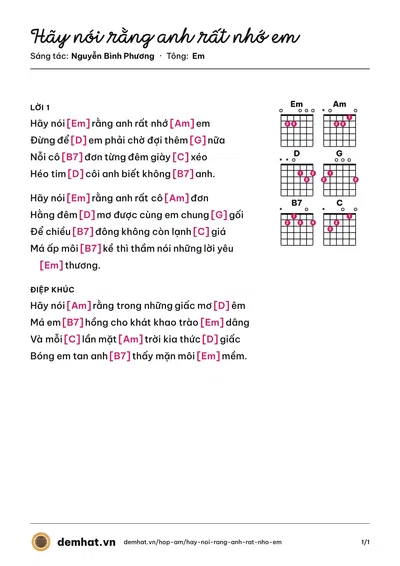 Hợp âm Hãy nói rằng anh rất nhớ em (Cát Tiên) – bản nhạc PDF trang 1, tông Em
