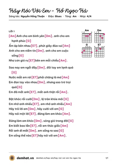 Hợp âm Hãy Nói Với Em - Hồ Ngọc Hà (Hồ Ngọc Hà) – bản nhạc PDF trang 1, tông Am