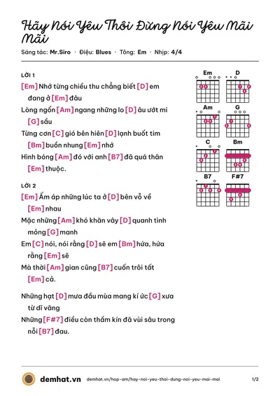 Hợp âm Hãy Nói Yêu Thôi Đừng Nói Yêu Mãi Mãi (Chí Thiện) – bản nhạc PDF trang 1, tông Em