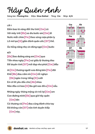 Hợp âm Hãy Quên Anh (Đan Nguyên) – bản nhạc PDF trang 1, tông Cm