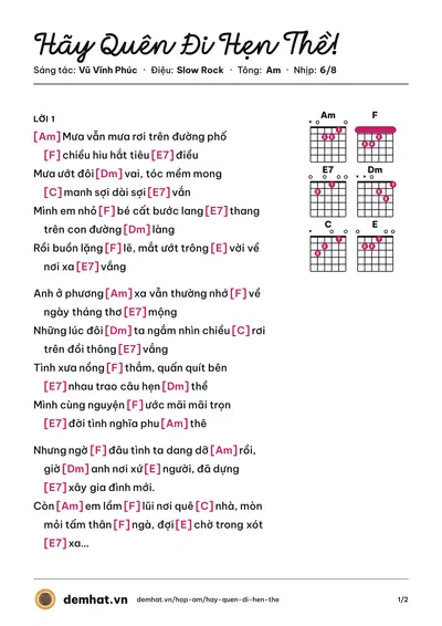Hợp âm Hãy Quên Đi Hẹn Thề! (Sơn Túi Đỏ) – bản nhạc PDF trang 1, tông Am