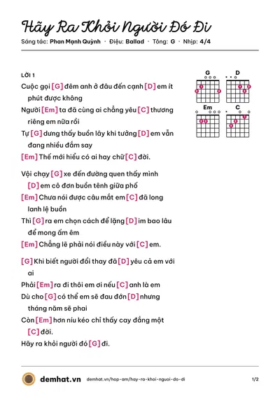 Hợp âm Hãy Ra Khỏi Người Đó Đi (Phan Mạnh Quỳnh) – bản nhạc PDF trang 1, tông G