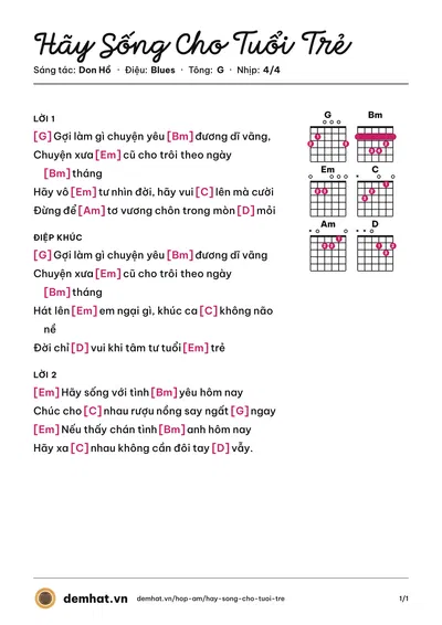 Hợp âm Hãy Sống Cho Tuổi Trẻ (Cao Tùng Anh) – bản nhạc PDF trang 1, tông G