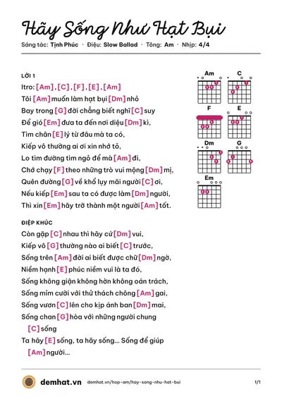 Hợp âm Hãy Sống Như Hạt Bụi (Quân Keyboard) – bản nhạc PDF trang 1, tông Am
