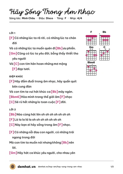 Hợp âm Hãy Sống Trong Âm Nhạc (Ngọc Linh) – bản nhạc PDF trang 1, tông F