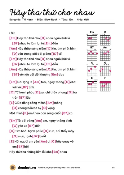 Hợp âm Hãy tha thứ cho nhau (Thi Hạnh) – bản nhạc PDF trang 1, tông Em
