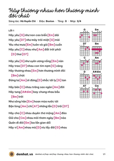 Hợp âm Hãy thương nhau hơn thương mình đôi chút (Trung Hậu) – bản nhạc PDF trang 1, tông G