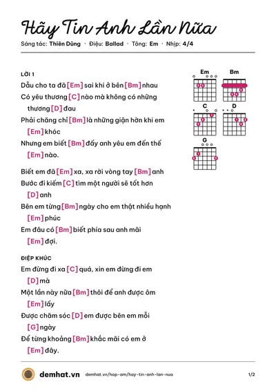 Hợp âm Hãy Tin Anh Lần Nữa (Chu Hiểu Minh (Chu Bin)) – bản nhạc PDF trang 1, tông Em