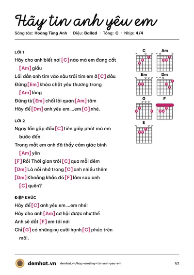 Hợp âm Hãy tin anh yêu em (Hoàng Tùng Anh) – bản nhạc PDF trang 1, tông C