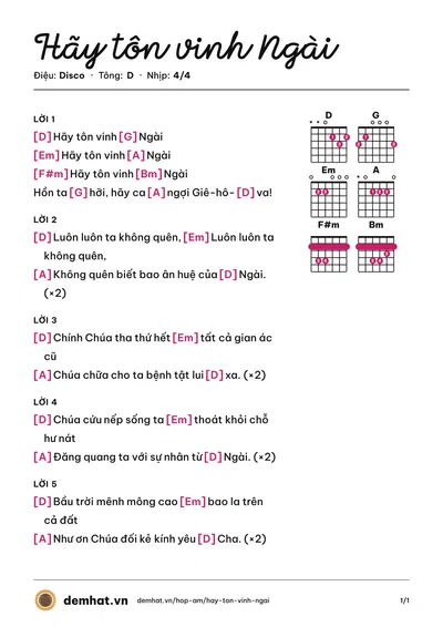 Hợp âm Hãy tôn vinh Ngài (Tốp Ca) – bản nhạc PDF trang 1, tông D