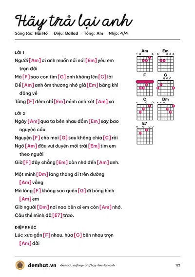 Hợp âm Hãy trả lại anh (Hải Hồ) – bản nhạc PDF trang 1, tông Am