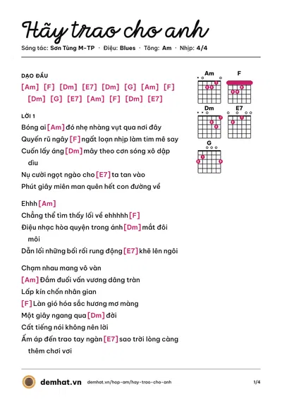 Hợp âm Hãy trao cho anh (Sơn Tùng M-TP) – bản nhạc PDF trang 1, tông Am