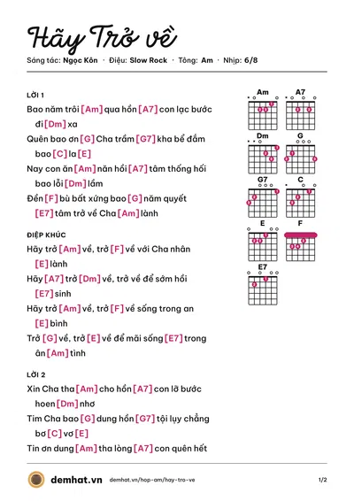 Hợp âm Hãy Trở về (Lm Nguyễn Sang) – bản nhạc PDF trang 1, tông Am