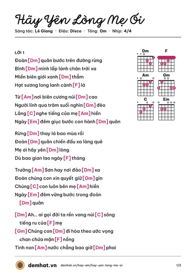Hợp âm Hãy Yên Lòng Mẹ Ơi (Đan Trường) – bản nhạc PDF trang 1, tông Dm