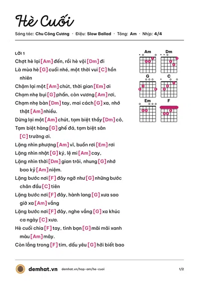 Hợp âm Hè Cuối (Thùy Chi) – bản nhạc PDF trang 1, tông Am