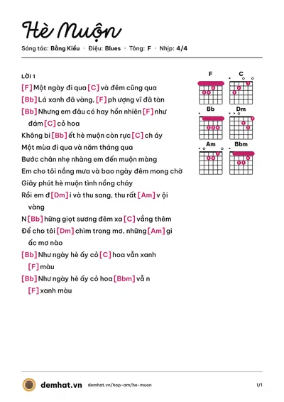 Hợp âm Hè Muộn (Bằng Kiều) – bản nhạc PDF trang 1, tông F