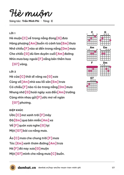 Hợp âm Hè muộn (Hồng Nhung) – bản nhạc PDF trang 1, tông C