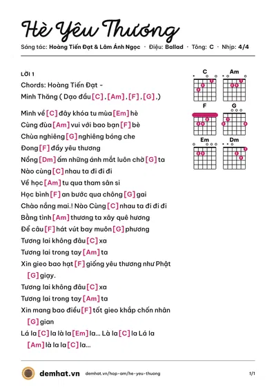 Hợp âm Hè Yêu Thương (Đào Ngọc Sang) – bản nhạc PDF trang 1, tông C
