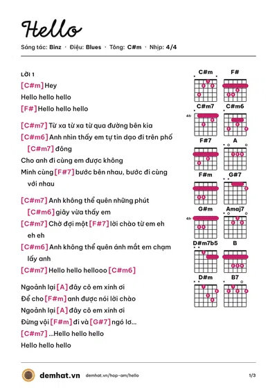 Hợp âm Hello (Đàm Vĩnh Hưng) – bản nhạc PDF trang 1, tông C#m