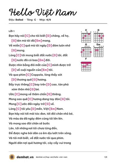 Hợp âm Hello Việt Nam (Khánh Linh) – bản nhạc PDF trang 1, tông C