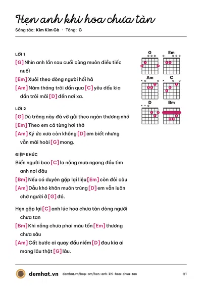 Hợp âm Hẹn anh khi hoa chưa tàn (Giang Jolee) – bản nhạc PDF trang 1, tông G