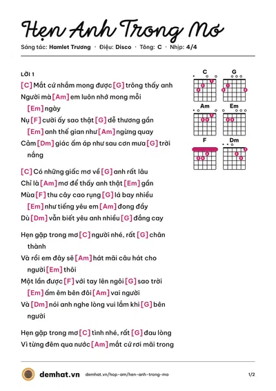 Hợp âm Hẹn Anh Trong Mơ (Phạm Quỳnh Anh) – bản nhạc PDF trang 1, tông C