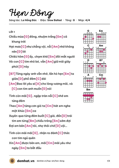 Hợp âm Hẹn Đông (La Hồng Đức) – bản nhạc PDF trang 1, tông G