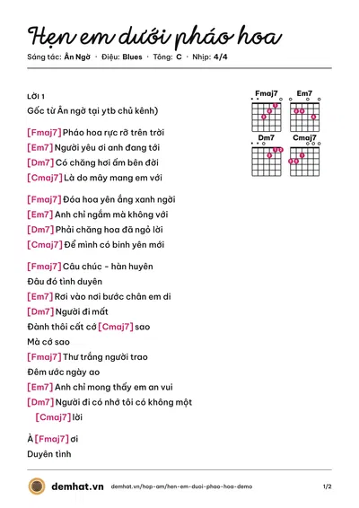 Hợp âm Hẹn em dưới pháo hoa (Ân Ngờ) – bản nhạc PDF trang 1, tông C