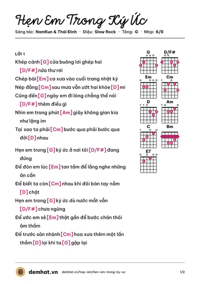 Hợp âm Hẹn Em Trong Ký Ức (Thái Đinh) – bản nhạc PDF trang 1, tông G