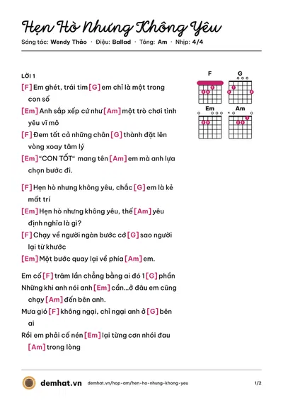 Hợp âm Hẹn Hò Nhưng Không Yêu (Wendy Thảo) – bản nhạc PDF trang 1, tông Am