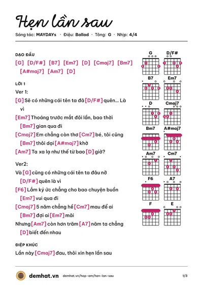 Hợp âm Hẹn lần sau (MAYDAYs) – bản nhạc PDF trang 1, tông G